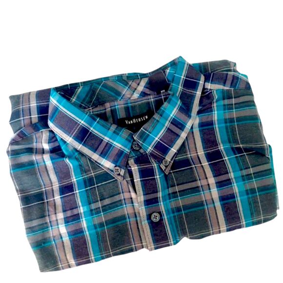 Van Heusen Classic Fit Plaid Checkered Button-Down Shirt Sz XL - Teal Navy Gray - Picture 13 of 13